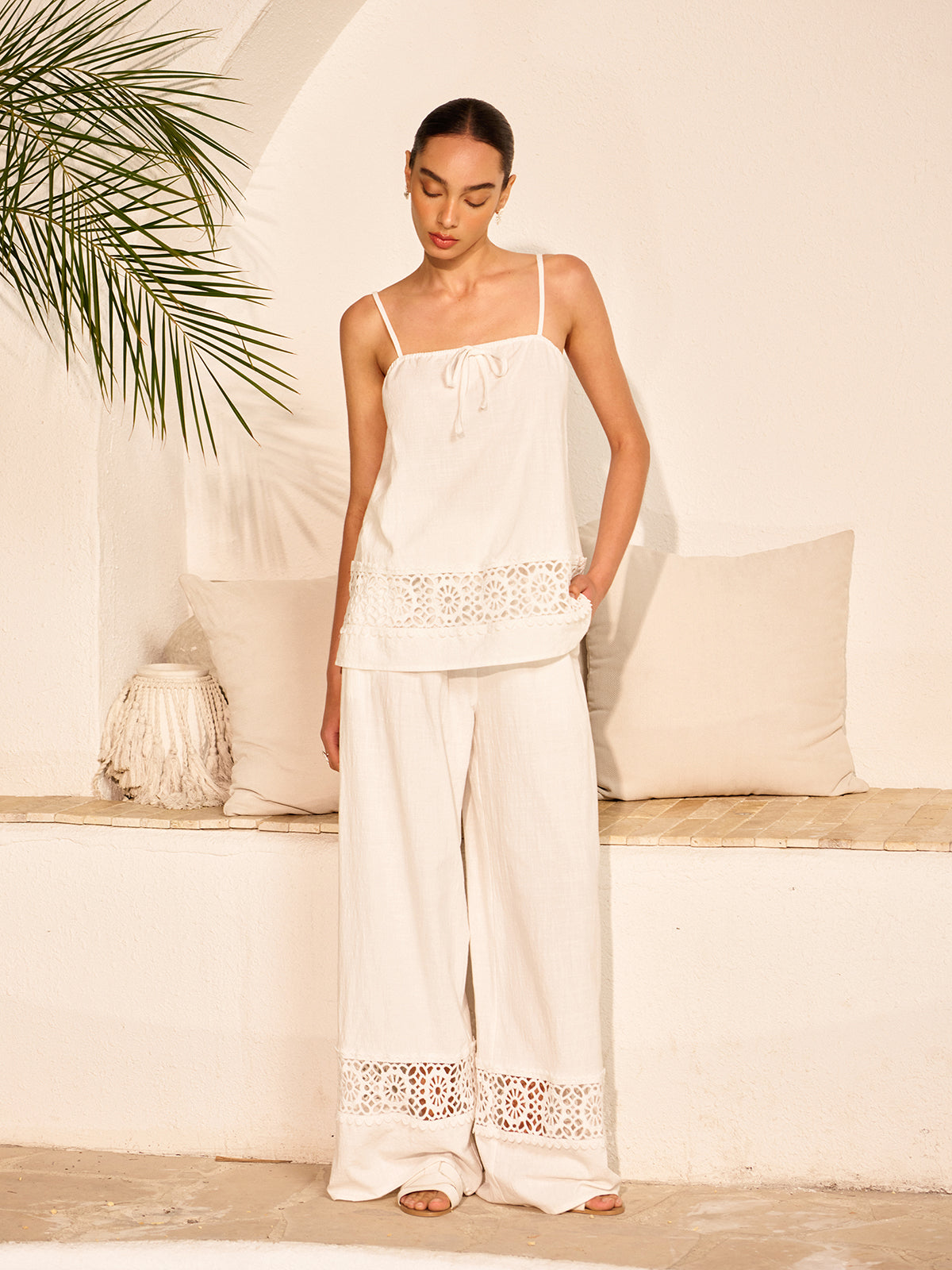 Cotton Pants Set With Lace Panels