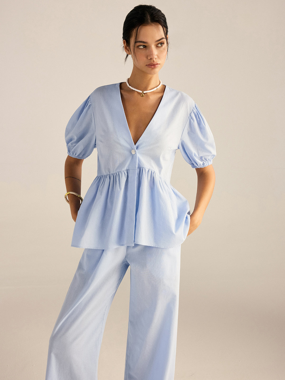 Cotton Peplum Top and Pants Set