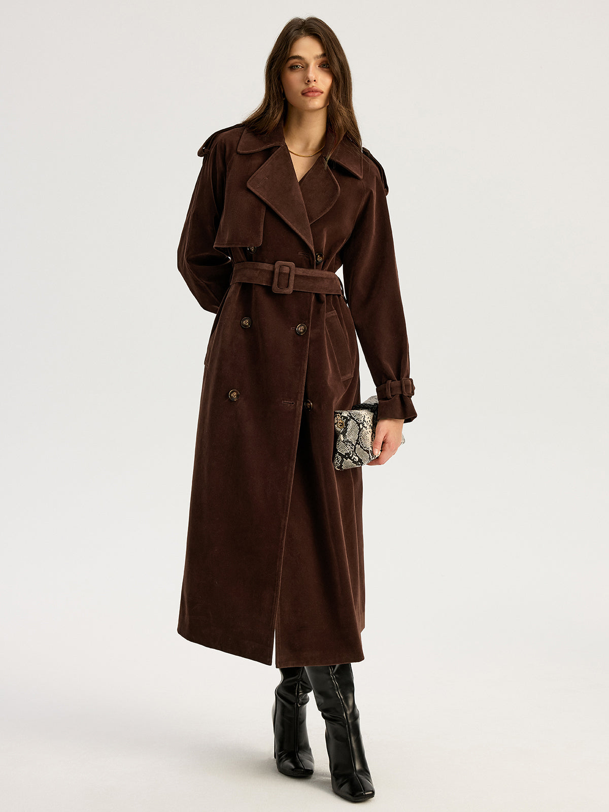 Belted Double-Breasted Suede Effect Long Trench Coat