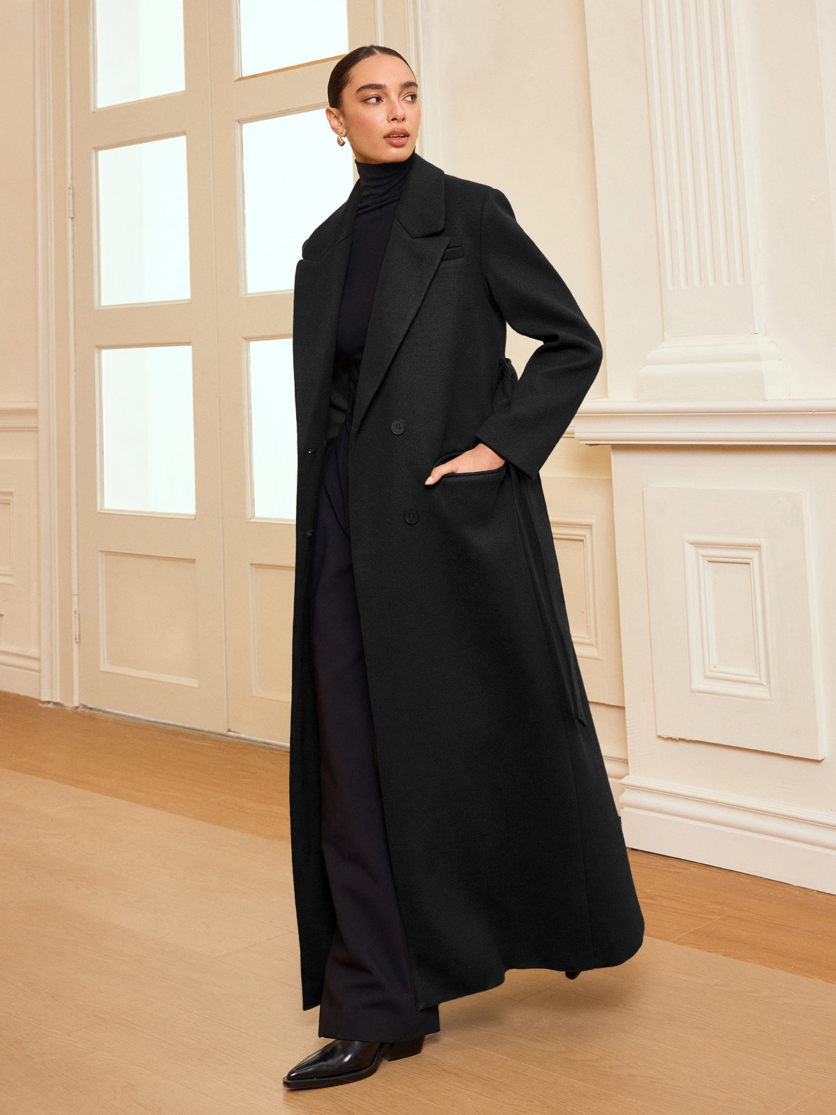 Double-Breasted Belted Long Coat