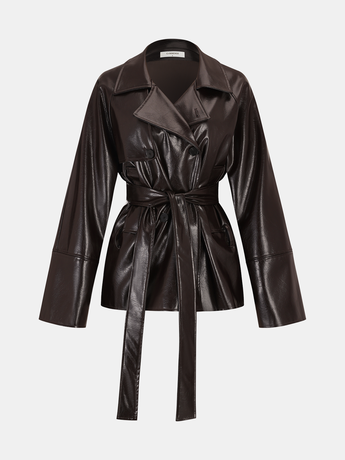 Belted Faux Leather Trench Coat