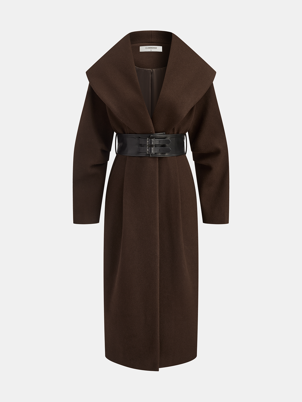 Oversized Collar Tweed Long Coat with Wide Belt