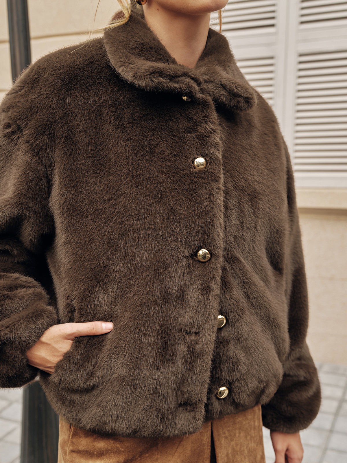 Metal Button Faux Fur Coat